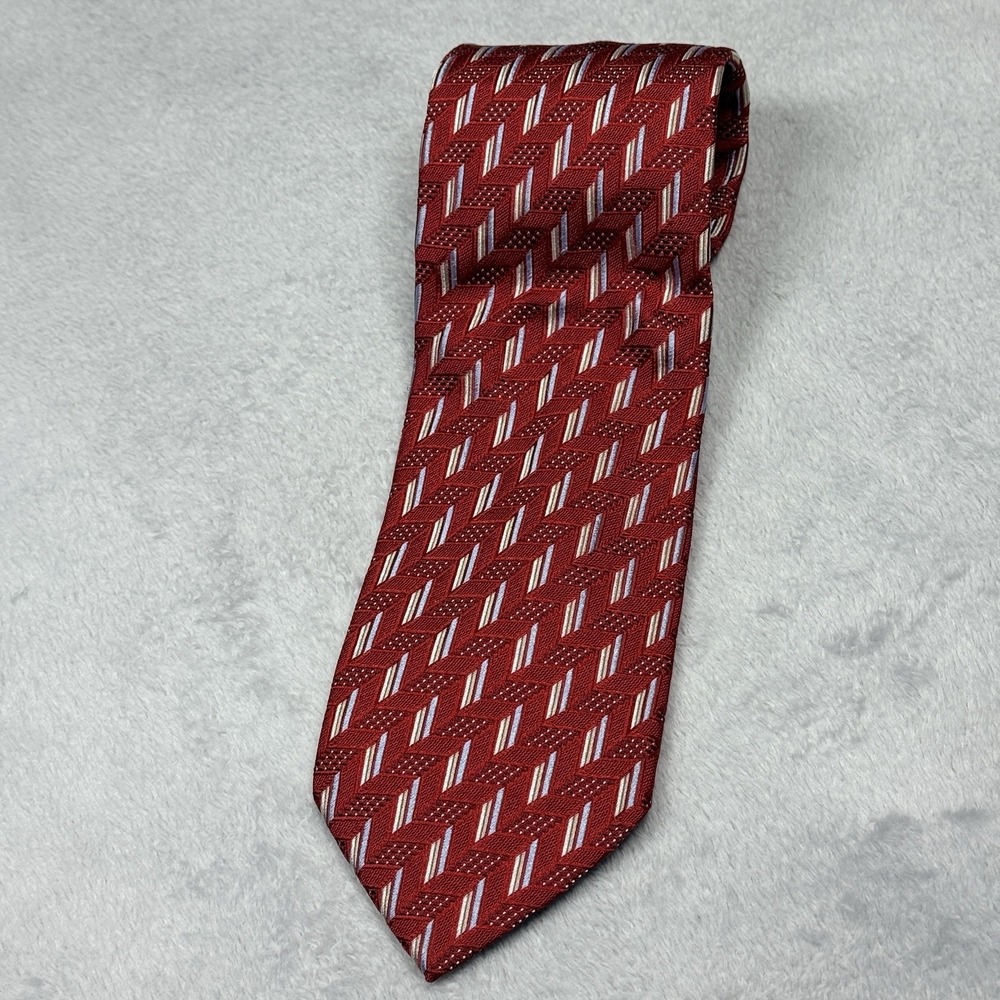 Ermenegildo Zegna Mens Red Geometric Silk Necktie Made in Italy Classic 3.5"
